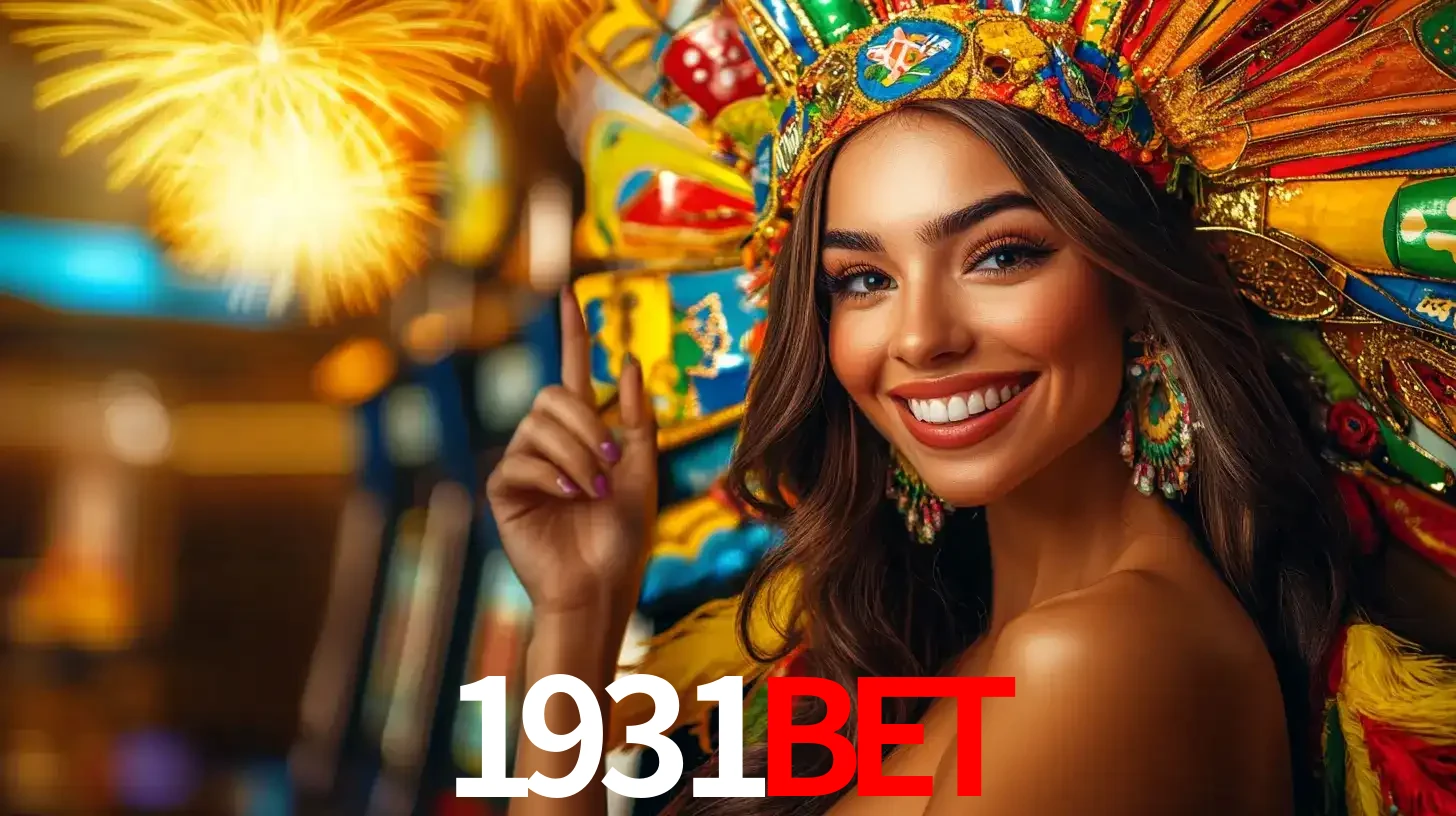 Mulher sorridente com um cocar de carnaval vibrante e colorido, celebrando uma grande vitória nos jogos do cassino 1931bet com fogos de artifício ao fundo.