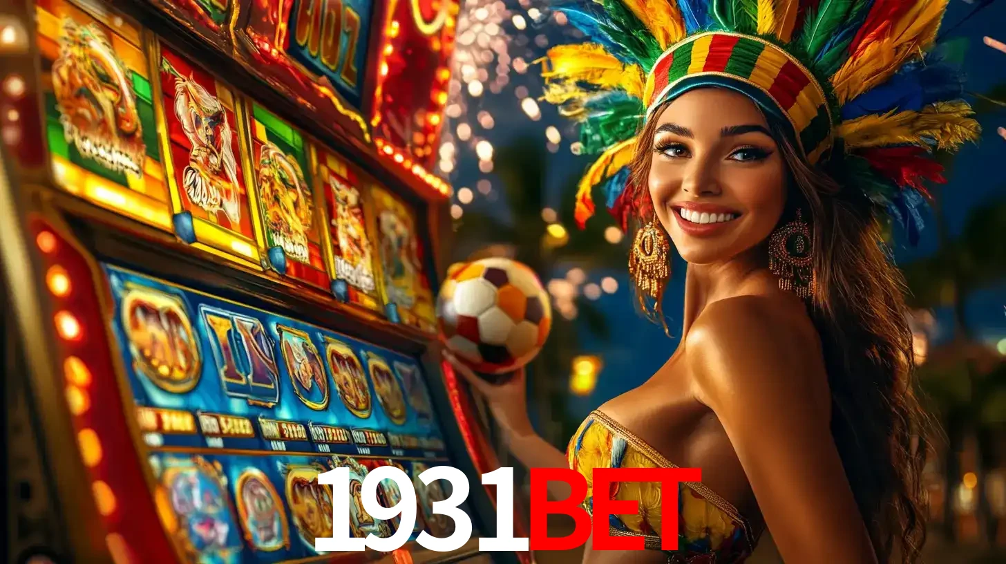 Mulher com um cocar de carnaval ao lado de uma máquina de caça-níqueis enquanto segura uma bola de futebol, mostrando a união da diversão de cassino e esportes no 1931bet.