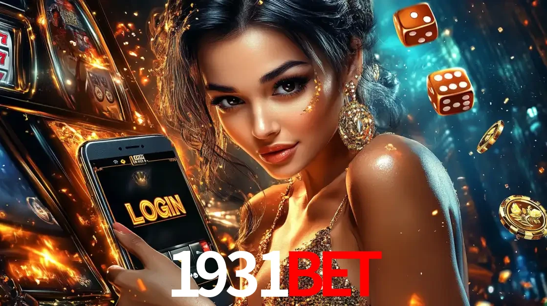 Mulher glamourosa segurando um celular com a tela de login do cassino 1931bet, rodeada por dados e moedas douradas, pronta para começar a diversão.