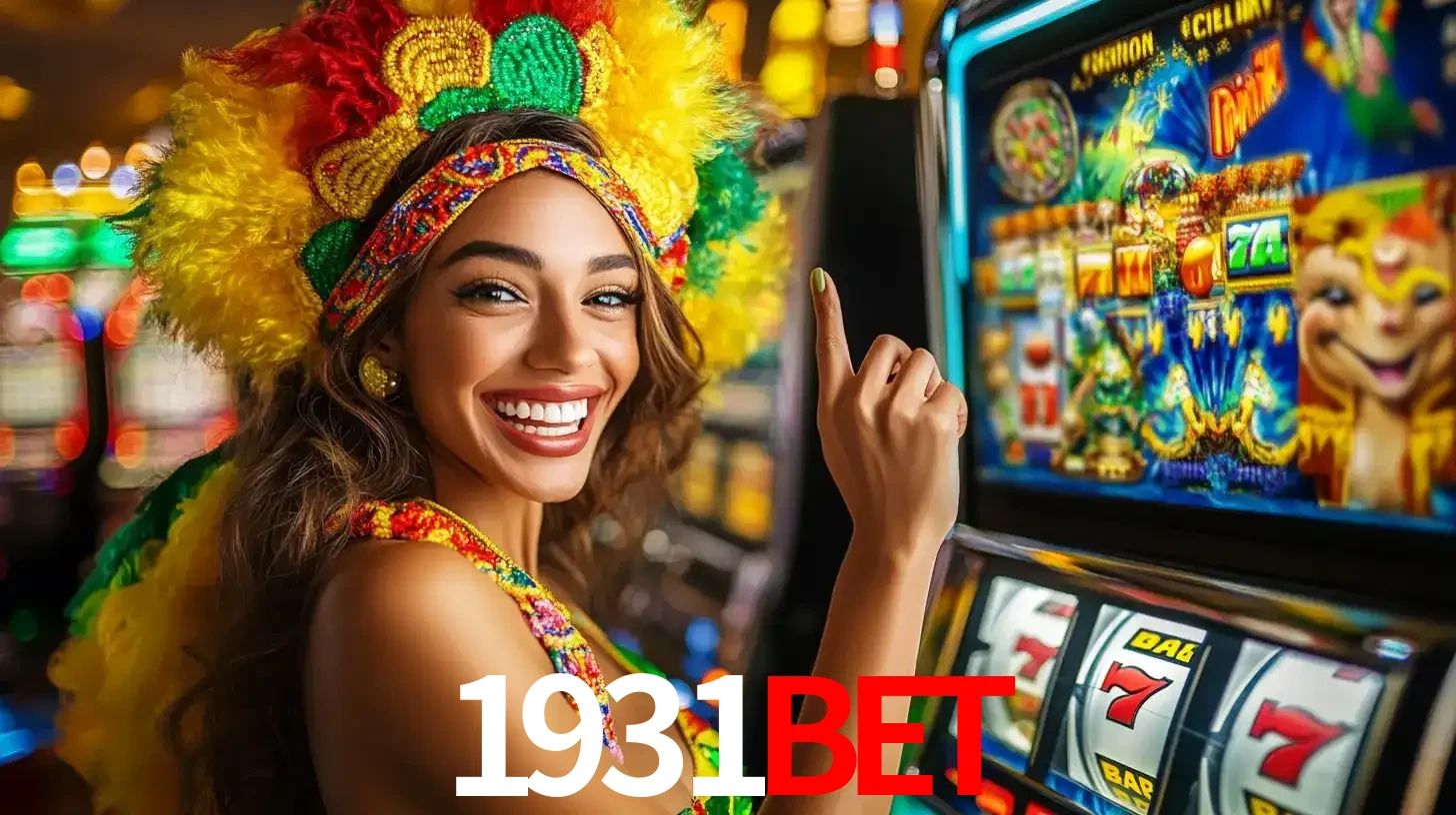 Mulher animada com um cocar de carnaval apontando para uma máquina de caça-níqueis, mostrando a emoção de ganhar um grande prêmio nos jogos do 1931bet.