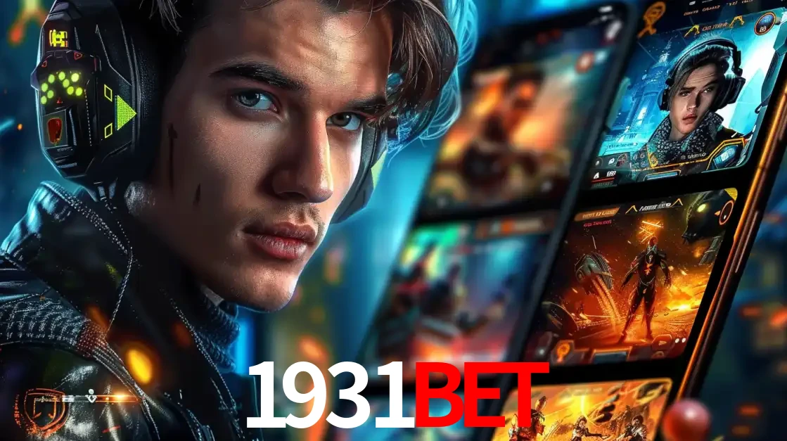 Jovem jogador com fones de ouvido olhando para a câmera, com um aplicativo de jogos e e-sports para celular ao fundo, pronto para a competição e apostas no 1931bet.