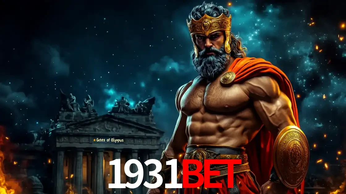 O poderoso Zeus do jogo de slot Gates of Olympus em frente ao seu templo, pronto para lançar multiplicadores divinos e prêmios épicos no cassino online 1931bet.