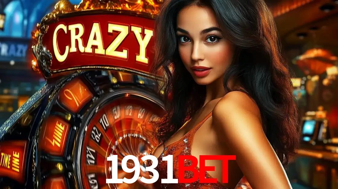 Mulher glamourosa olhando para a câmera com a roda vermelha do Crazy Time ao fundo em um ambiente de cassino, destacando a emoção dos jogos ao vivo no 1931bet.