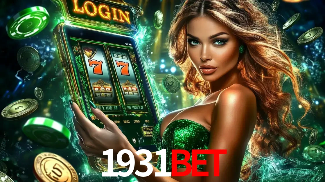 Mulher com tema verde apresentando o aplicativo do cassino 1931bet com um jogo de slot de 777, cercada por fichas de cassino e uma aura de sorte.