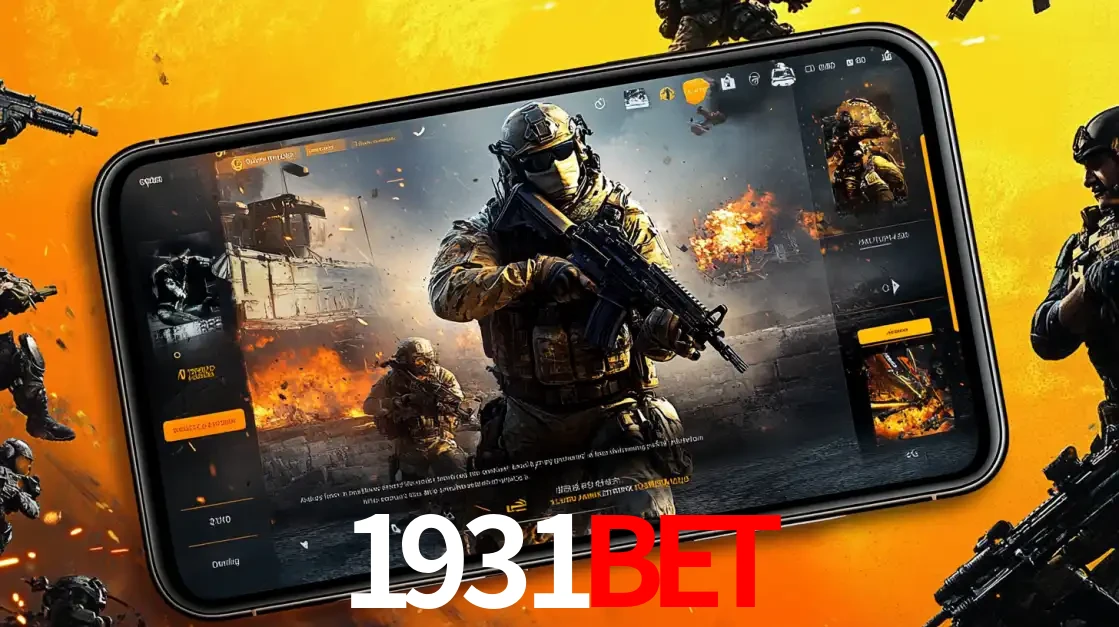 Um smartphone exibindo a interface de um jogo de tiro em primeira pessoa, com um soldado em um cenário de batalha, representando a ação dos e-sports para apostar no 1931bet.
