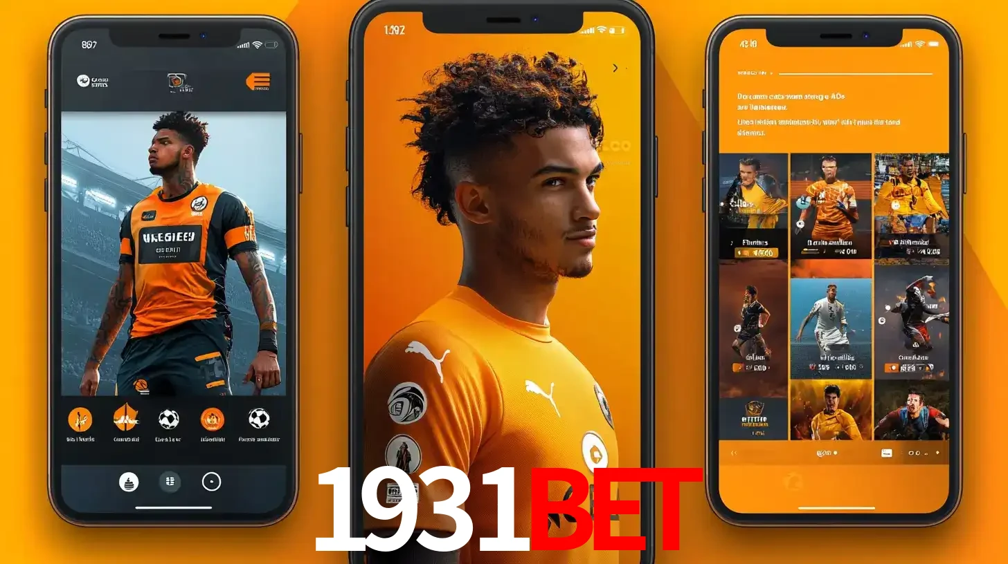 Interface do aplicativo de apostas esportivas 1931bet em três telas de celular, mostrando o perfil de um jogador de futebol e a lista de jogos disponíveis para apostar.