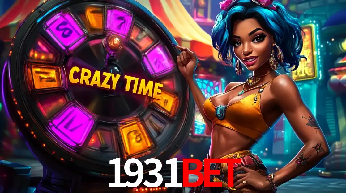 Mulher estilizada com cabelo azul e visual vibrante posando ao lado da roda de prêmios do game show Crazy Time, convidando para a diversão e os bônus do cassino 1931bet.