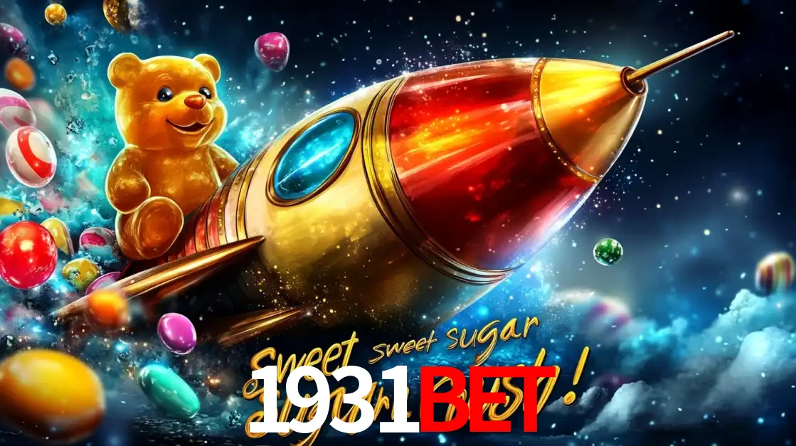 Arte promocional do jogo de slot Sugar Rush, com um urso de pelúcia em um foguete viajando pelo espaço de doces, um dos jogos divertidos disponíveis no cassino 1931bet.