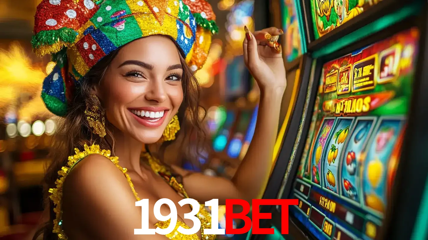 Mulher feliz com traje de carnaval amarelo e colorido ao lado de uma máquina de caça-níqueis, aproveitando a diversão e os jogos temáticos do cassino 1931bet.