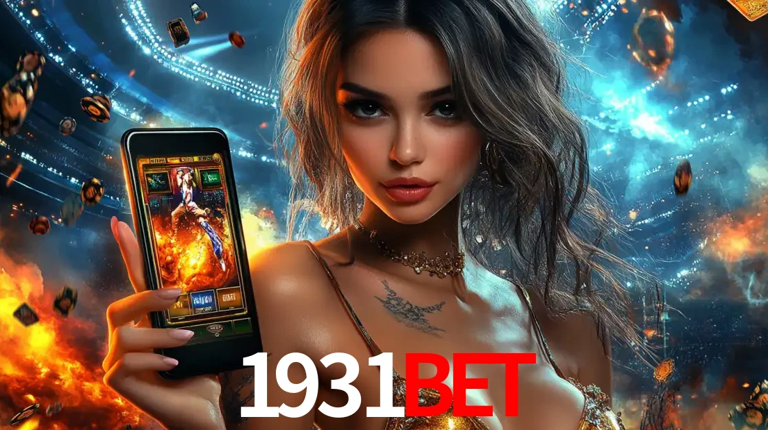 Mulher segurando um celular com um jogo de slot em destaque, tendo como fundo um estádio vibrante, simbolizando a emoção de jogar no cassino móvel 1931bet.