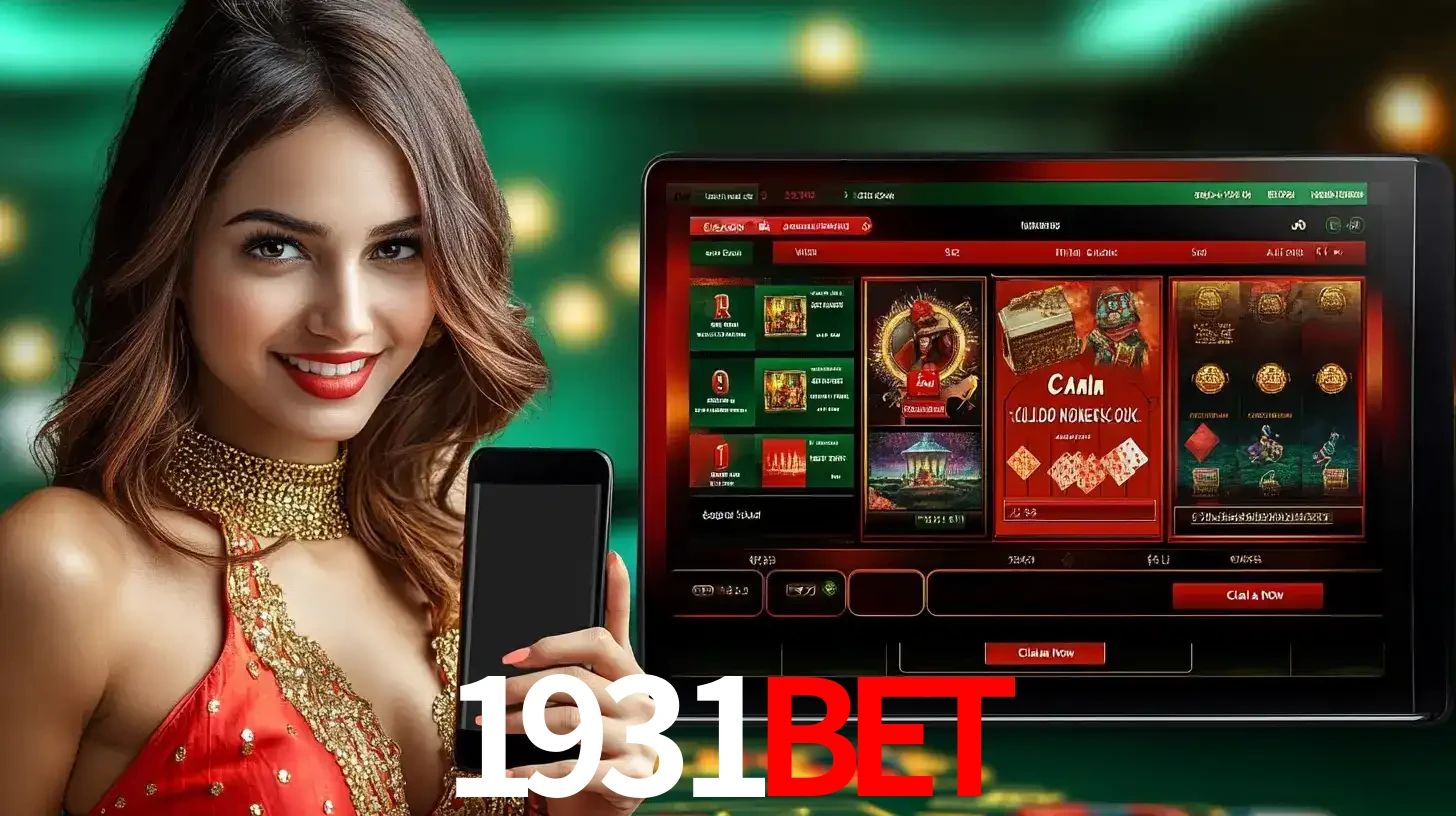 Mulher sorridente segurando um smartphone, ao lado de uma tela exibindo o lobby de jogos do cassino online 1931bet, com várias opções de jogos de cartas e slots.